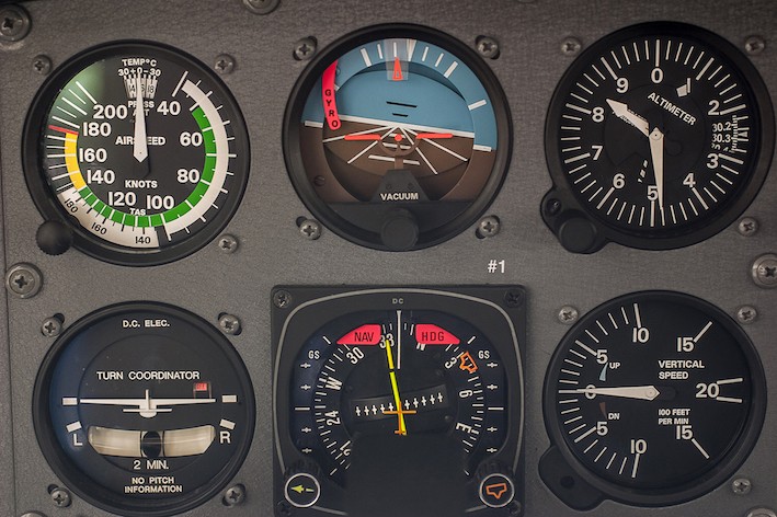 Классическая приборная панель самолета с шестью индикаторами параметров полета